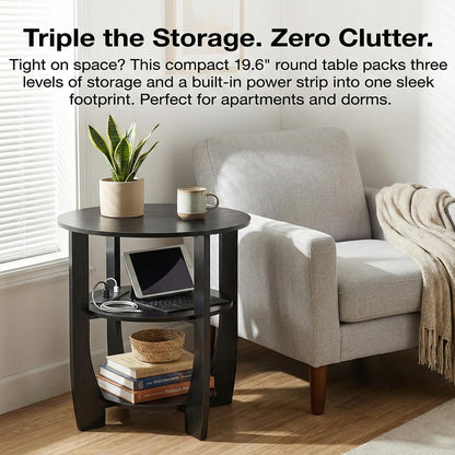 ZEXVIDA Round Side Table with Charging Station, 3 Tier End Table with USB Ports & Outlets, Nightstand for Bedroom,Living Room,Small Spaces