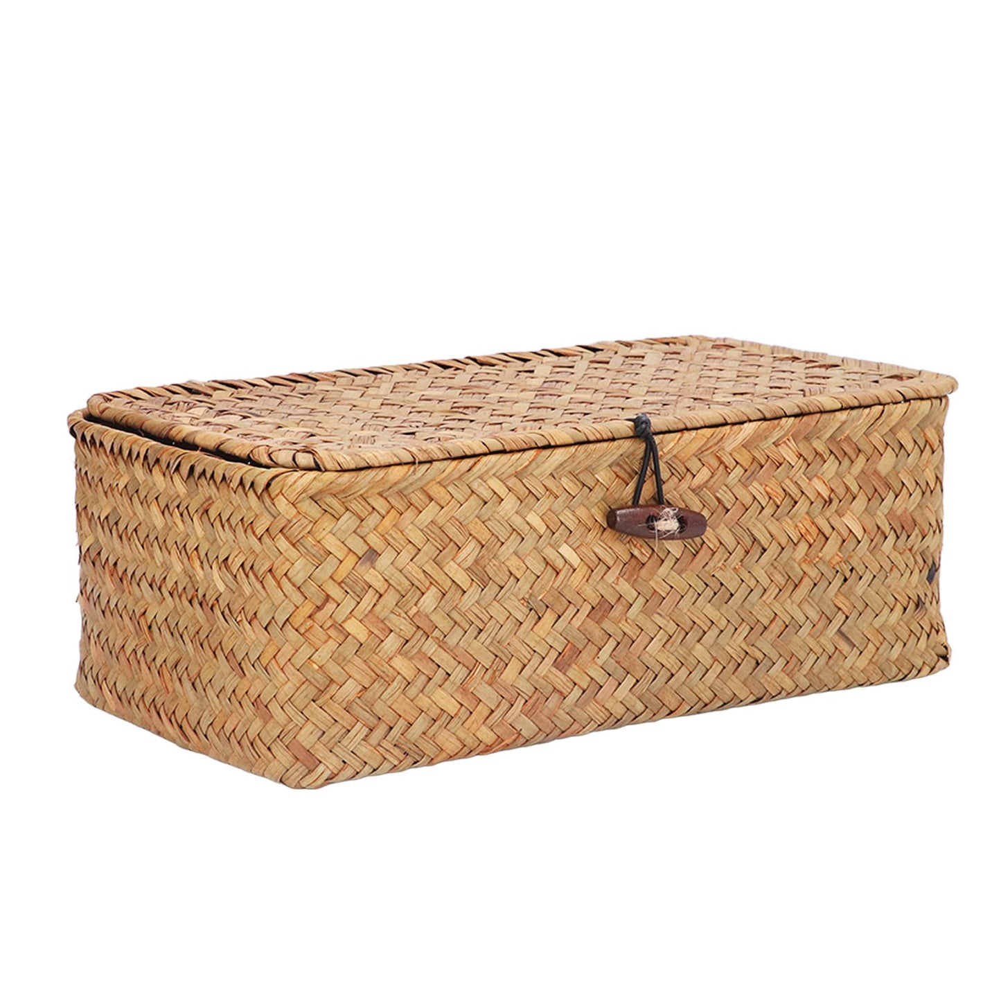 Wicker Storage Bins with Lid, Multipurpose Dustproof Seagrass Basket, Rectangular Household Organizer Box Shelf Wardrobe Organizer (L)