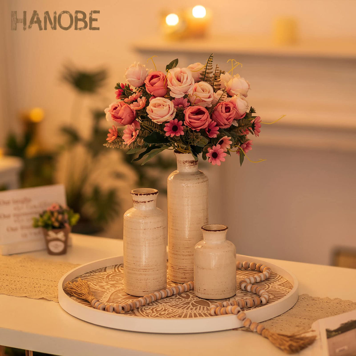 Hanobe Large Wood Decorative Tray: Boho Rustic Ottoman Tray Farmhouse Coffee Table Centerpiece Decor - Wooden Serving Round Tray for Kitchen Counter