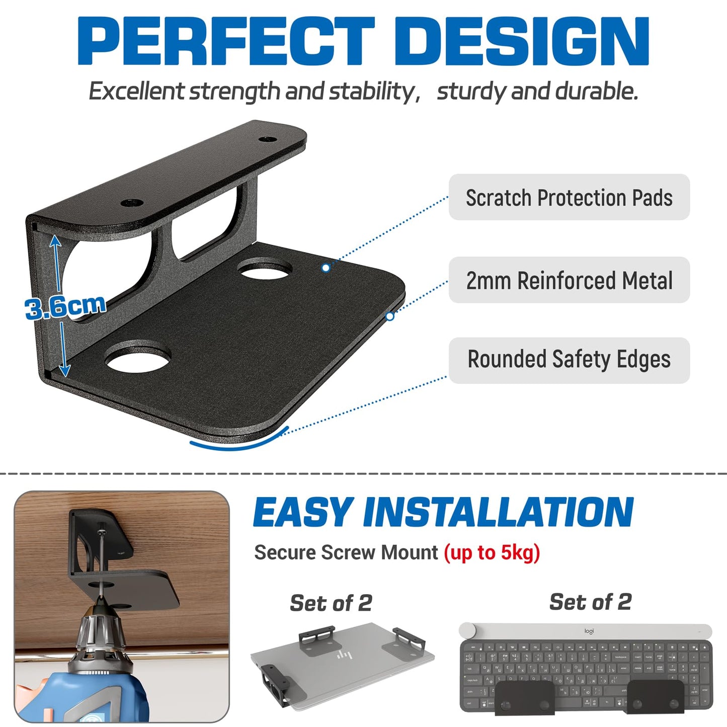 otuiaim Under Desk Holder/Wall Mount - 2mm Carbon Steel Desk Extender