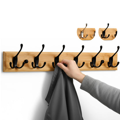 LARHN Wooden Wall-Mounted Coat Rack - 6 Black Coat Hooks, 59cm