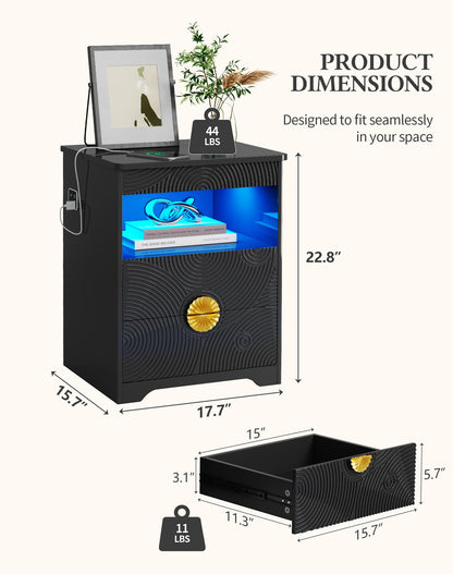 FREDEES LED Bedside Table with Hidden Drawer for Bedroom, Black