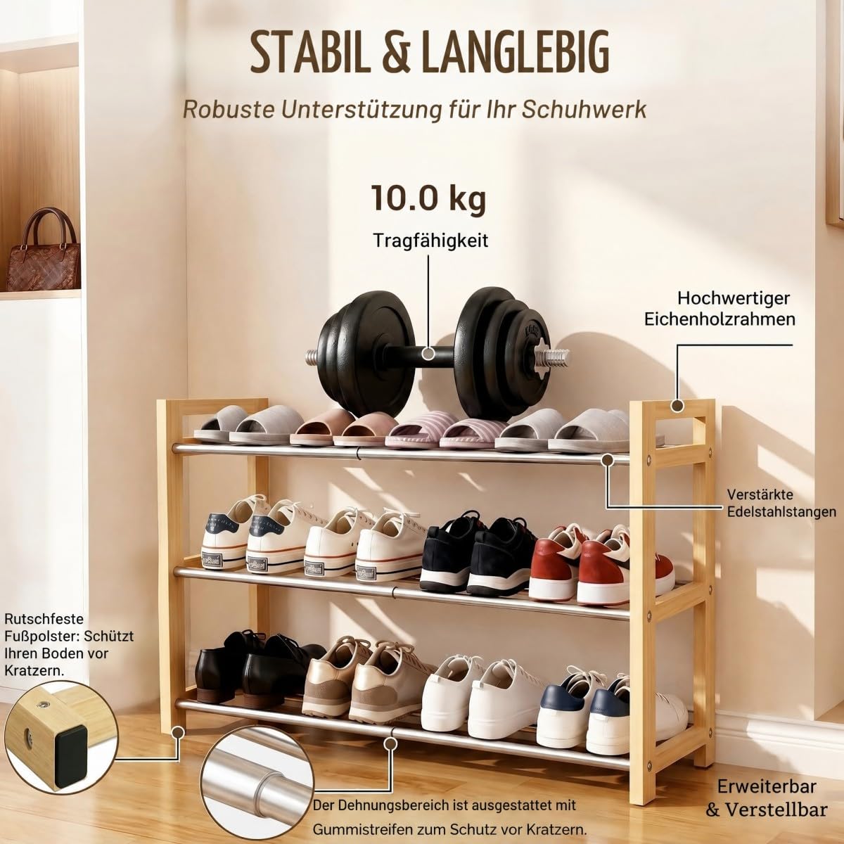 LEMIKKLE Shoe Rack Wooden, 3-Tier Oak Shoe Rack Expandable Stainless Steel Design, Ideal for Small Shoe Storage for Narrow Space