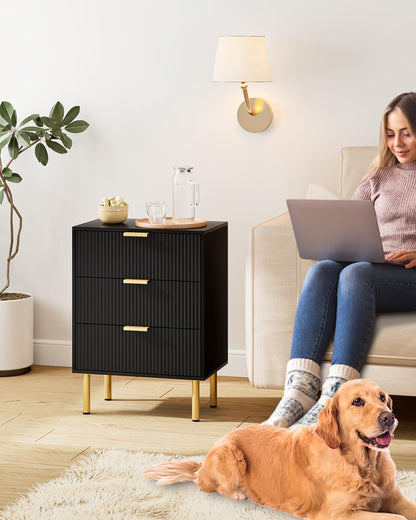 Apetaccat Bedside Table with 3 Drawers, Modern Bedside Cabniet with Metal Legs, Fluted Nightstand, Side Table for Bedroom, Living Room, Office
