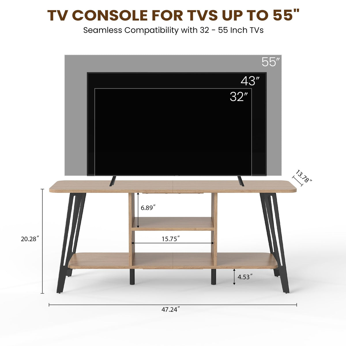 Manora Curved Metal Frame TV Stand with 2-Tier Middle Storage Compartment (Bright brown)