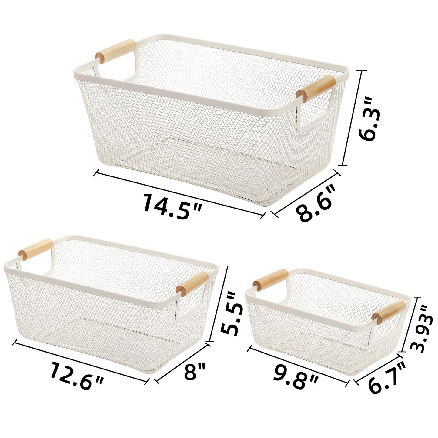 Noamus 3 Pack Metal Mesh Baskets with Wood Handle, Iron Storage Organizer Basket, White Wire Countertop Baskets for Organizing