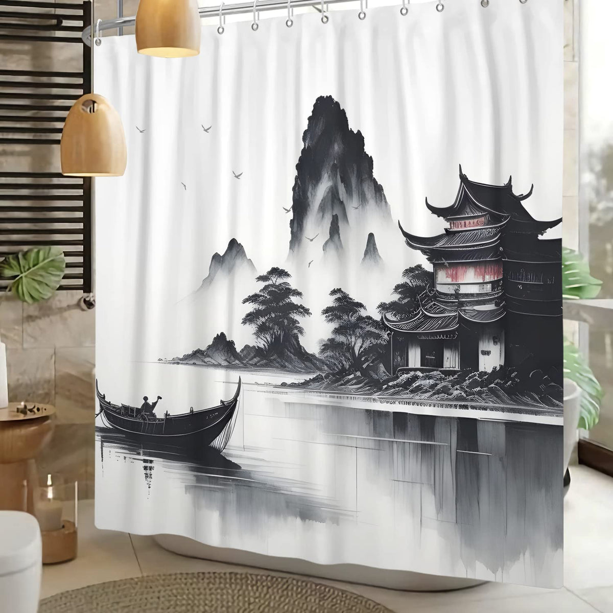 SDOTPMT 180x180cm Japanese Asian Ink Painting Shower Curtain Foggy Mountain Boat Wild Goose Bathtub Curtain Outdoor Natural Scenery Bath Curtain for