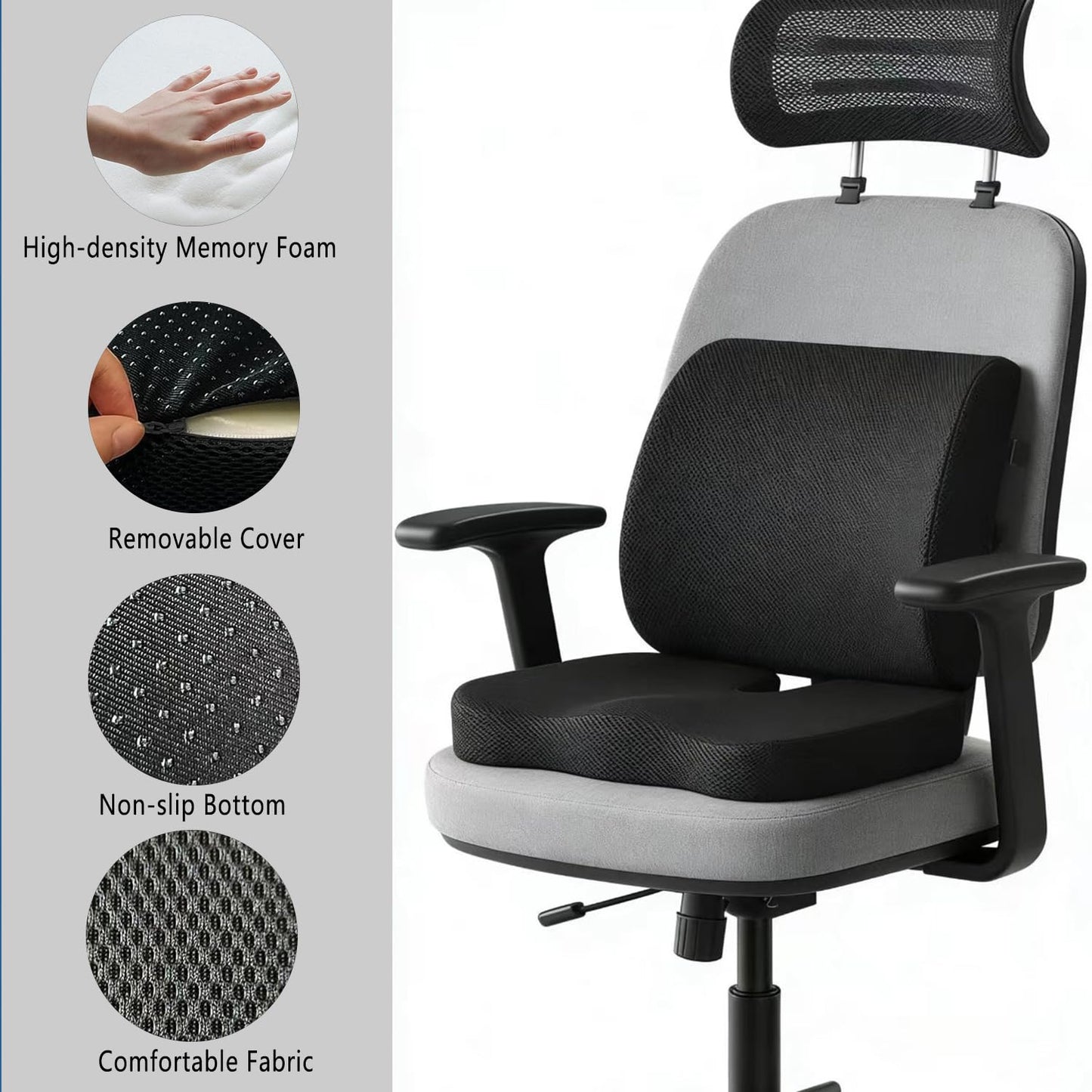Seat Cushion & Lumbar Support Pillow, Memory Foam Coccyx Cushion for Tailbone Pain Sciatica Hemorrhoid Bum Lower Back Pain Relief