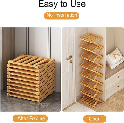 Kiss Me Bamboo Folding 7-Tier Narrow Tall Shoe Rack Portable Brown