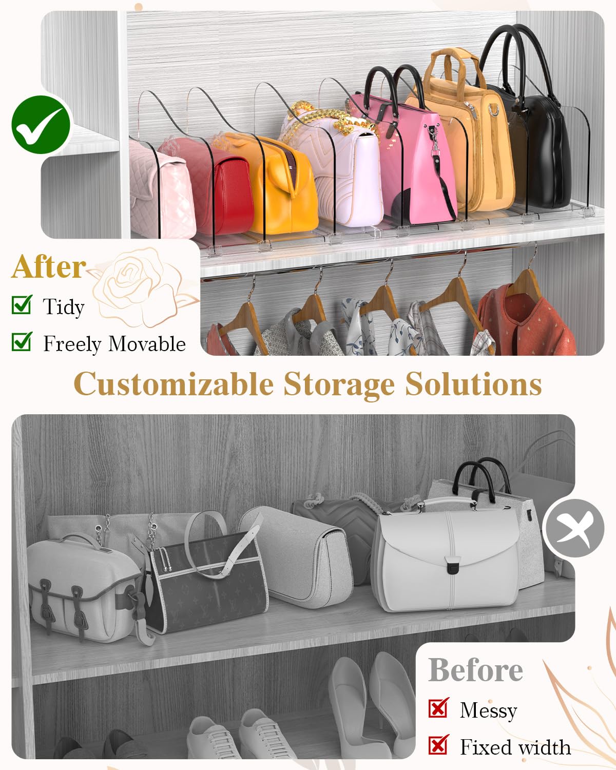 SURETIVIAN 2 Pack Adjustable Handbag Organiser Storage for Wardrobe, Clear