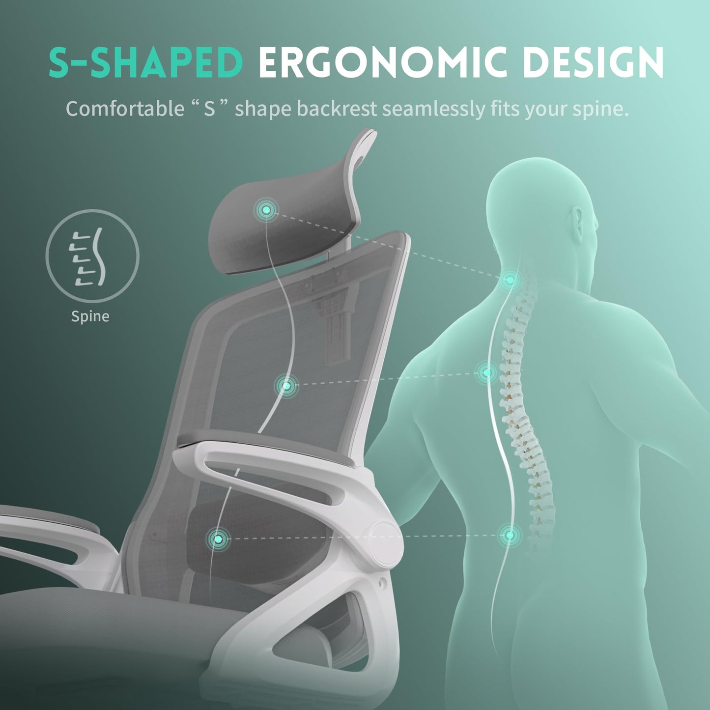 Ergonomic Office Chair, S-Shaped Mesh Desk Chairs, Adjustable Headrest & Lumbar Support, 90°Flip-Up Armrest
