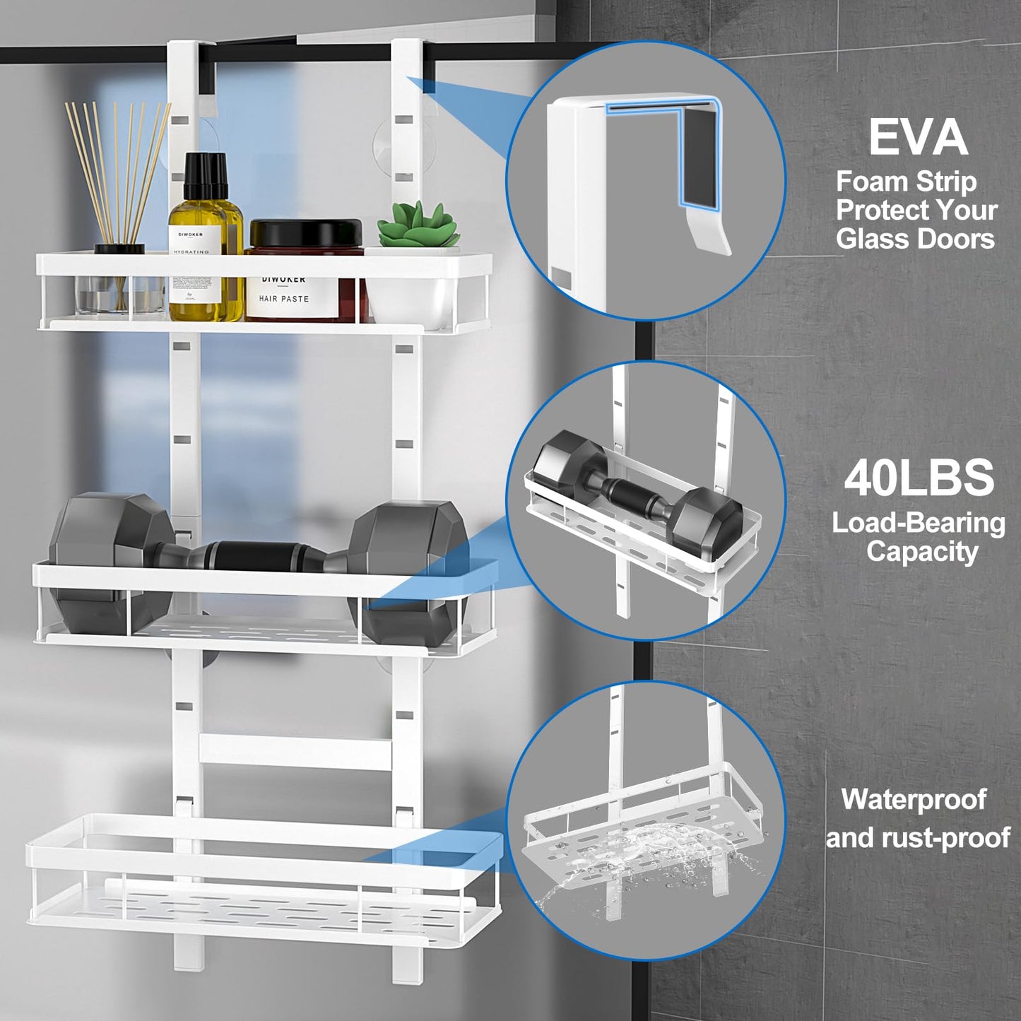 Diwoker Shower Caddy Hanging, Over Door Bathroom Storage White, 3-Tier
