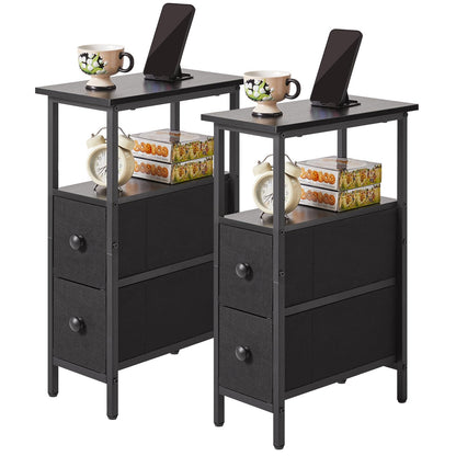 YMYNY Narrow Side Table Set of 2, Slim Bedside Table with 2 Fabric Drawers, Nightstand for Small Spaces