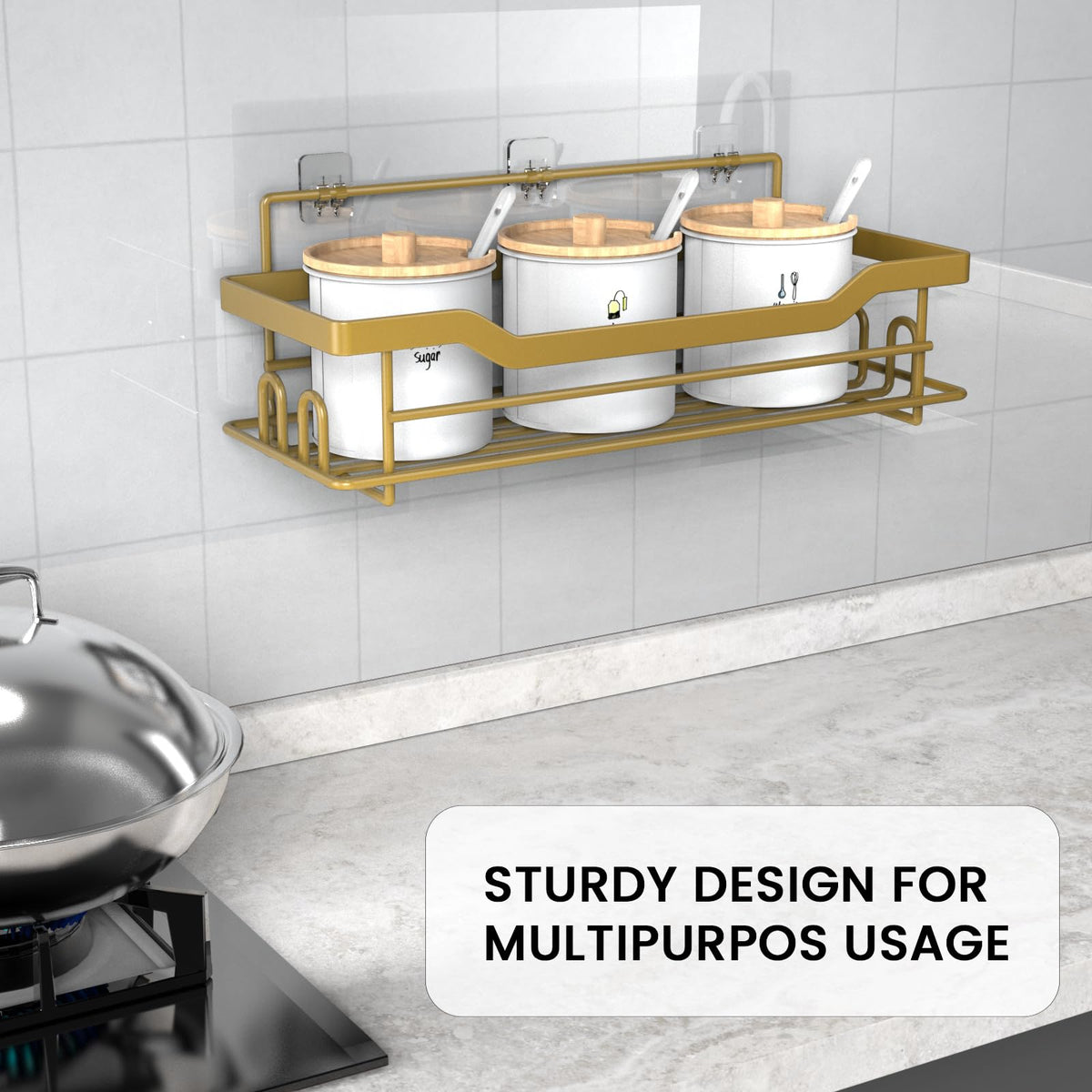 BATHDESIGN Shower Caddy Organizer, Single Pack, Shelves for Shampoo Soap, Waterproof Adhesive Holder, No Drilling, Wall Mounted Self, Matte Gold