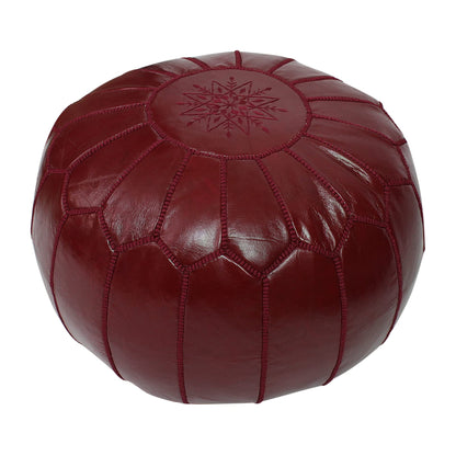 ESSENCE OF MOROCCO Moroccan Pouffe Pouf Footrest Footstool Ottoman Real Leather Burgundy Red Handmade Hand-stitched with Embroidered Marrakech Design