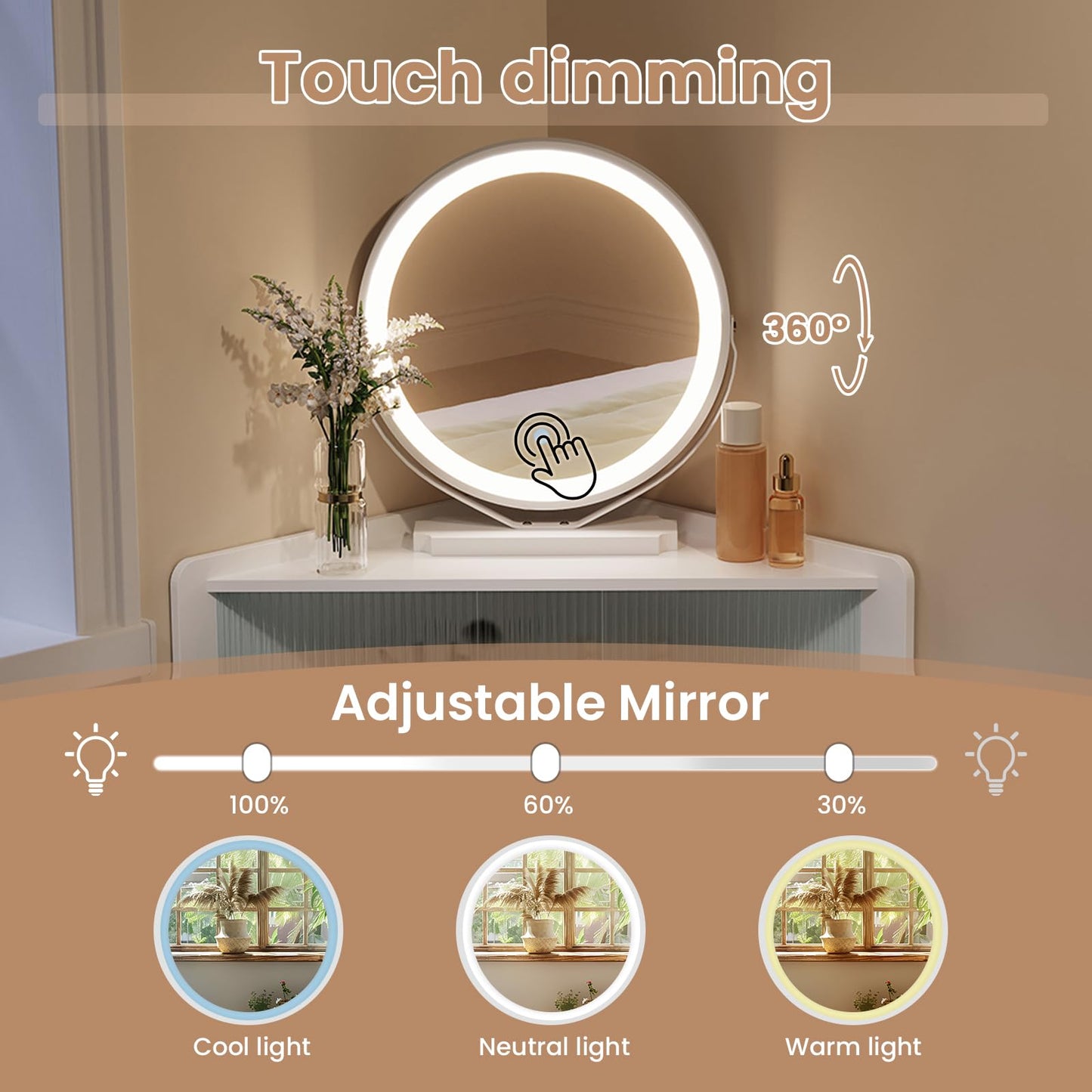 WOLTU Dressing Table with Mirror, Corner Vanity Desk, Bedroom Dressing Table with 2 Drawers 1 Closed Compartment, White Mirrored Desk
