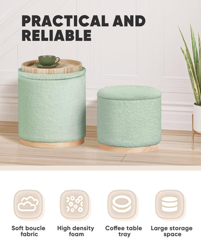 Bonlife Set of 2 Round Ottoman with Tray, Vanity Stool with Storage