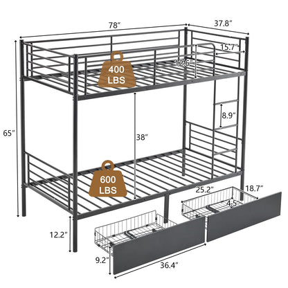 Karl home Heavy Duty Metal Bunk Bed Frame with 2 Large Drawers, Black