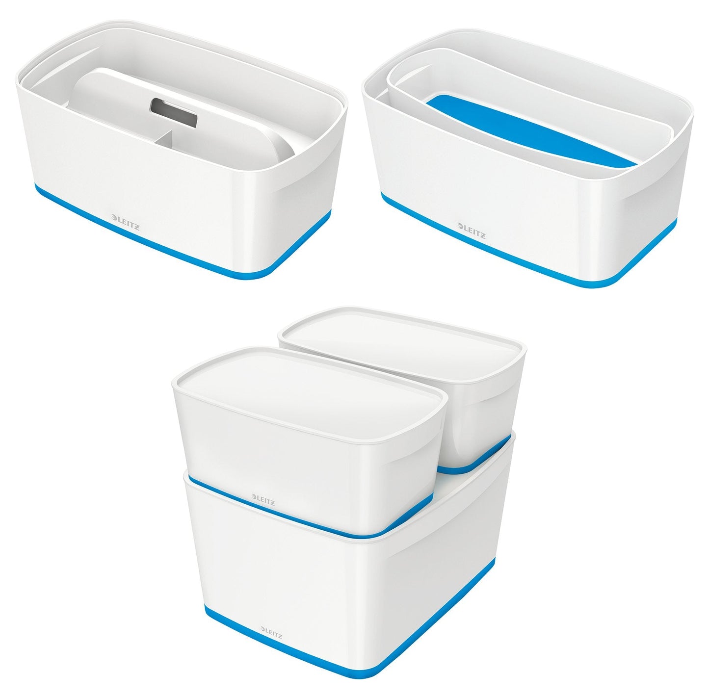 Leitz A5 MyBox Small with Lid, Storage Box for Home and Office, 5 L, High Gloss, Plastic, White/Blue Metallic