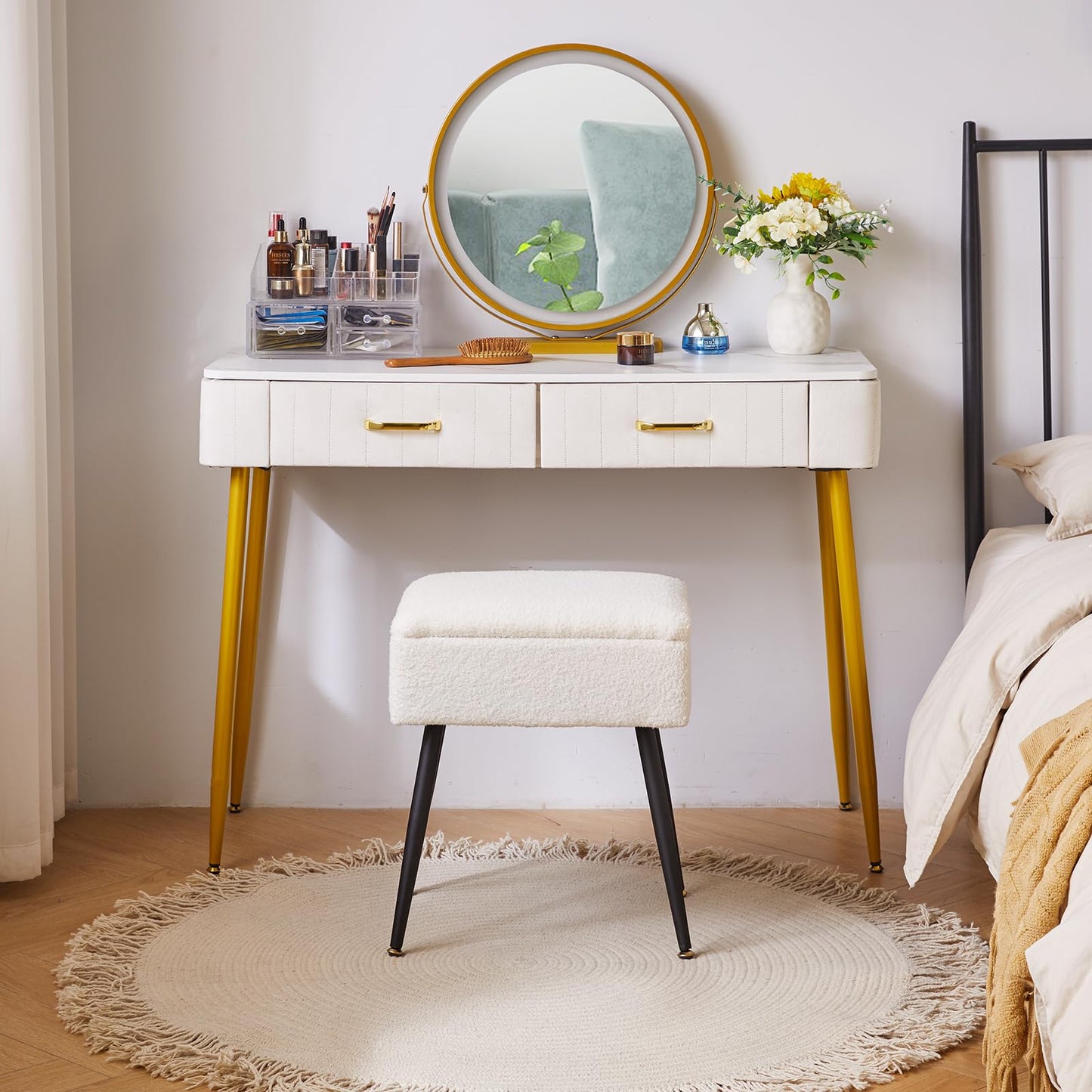 Aibiju Faux Teddy Fur Dressing Table Stool, Rectangular Vanity Stool with Storage, Dressing Table Seat Small Side Table for Makeup Room, Bedroom,