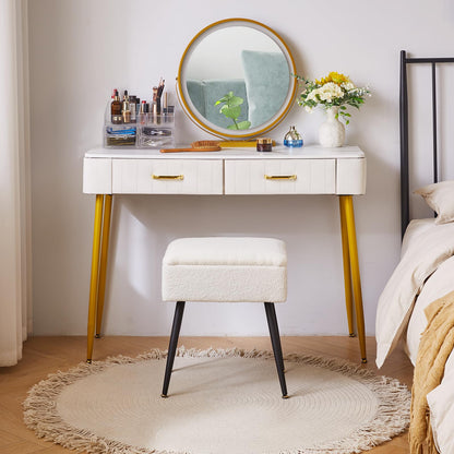 Aibiju Faux Teddy Fur Dressing Table Stool, Rectangular Vanity Stool with Storage, Dressing Table Seat Small Side Table for Makeup Room, Bedroom,