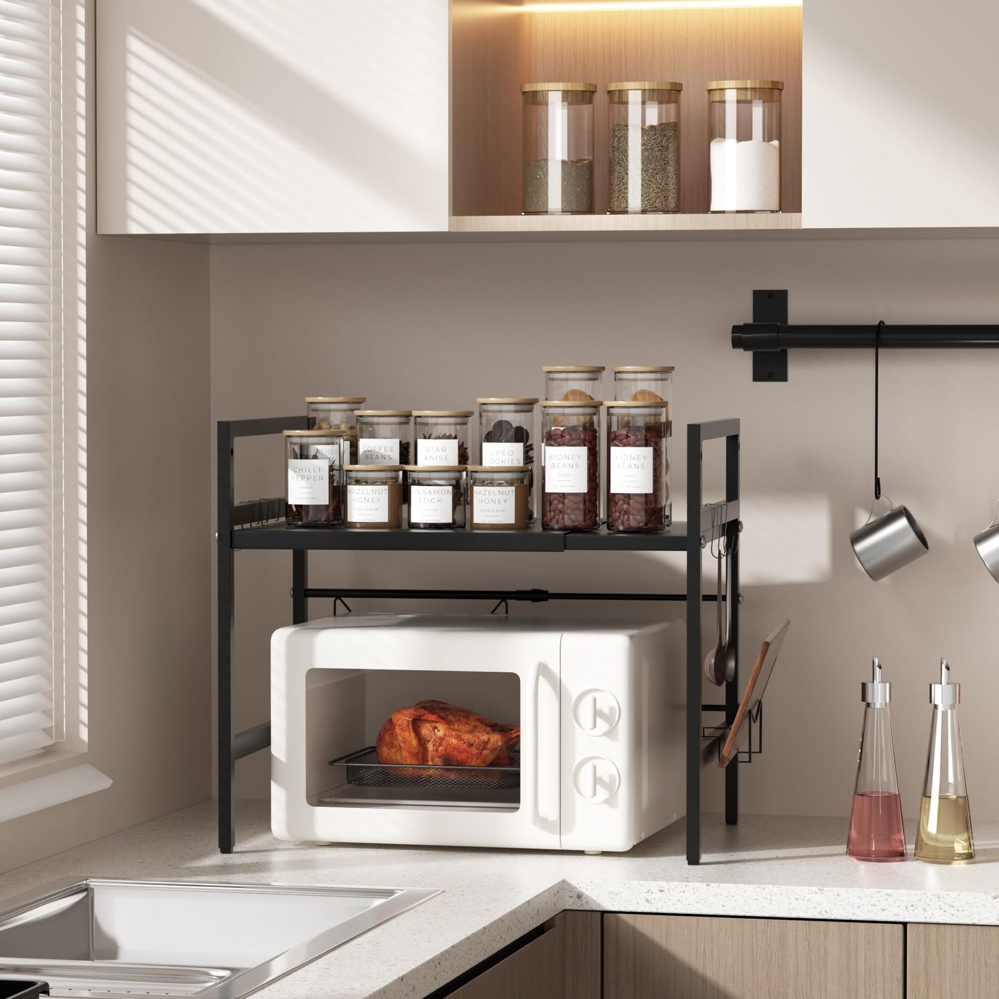 Furnestorica Retractable and Adjustable Microwave Rack, 2-Layer Microwave Shelf Made of Carbon Steel, Robust Holder with 6 Hooks