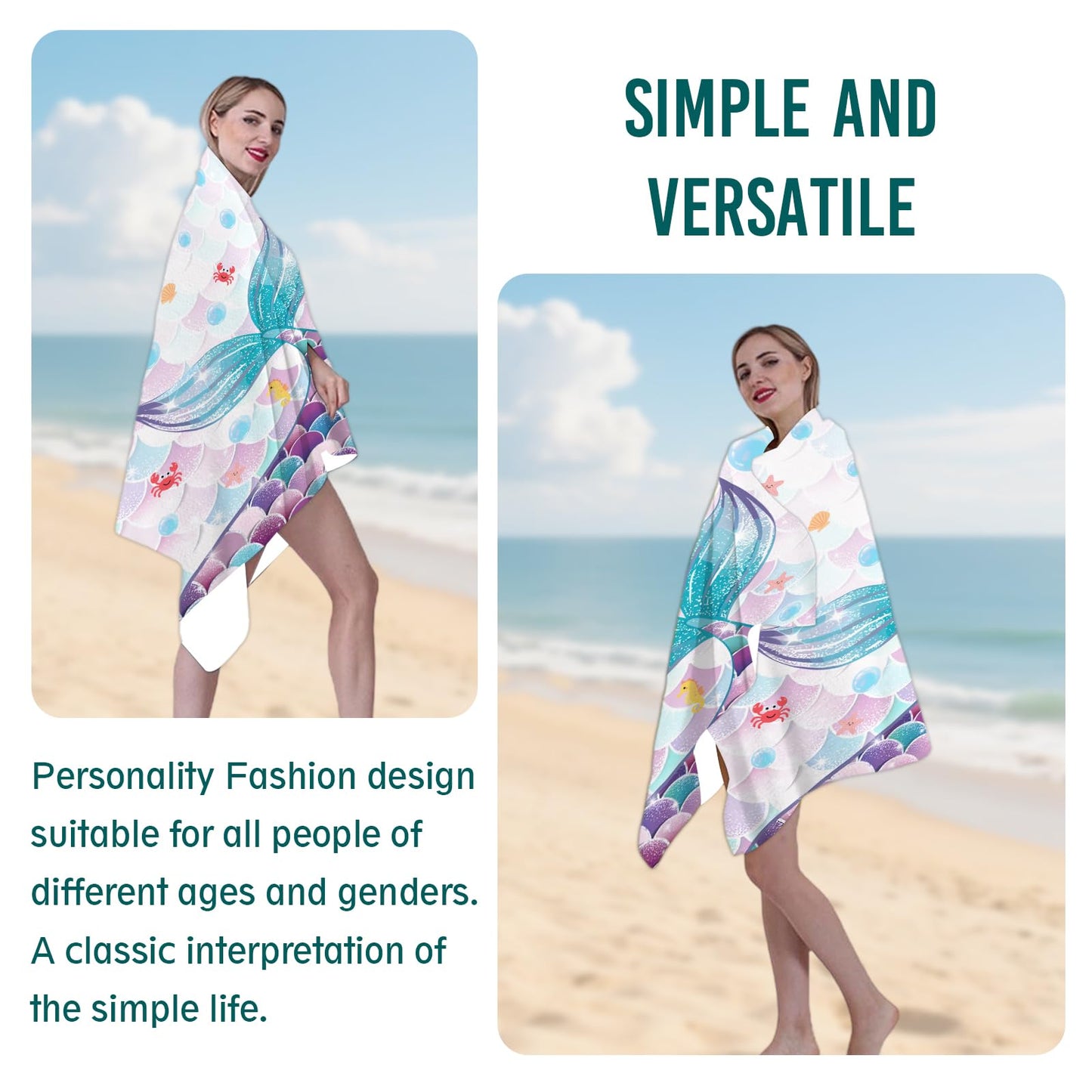 Gelasgo Mermaid Microfibre Beach Towel - 60"x30" Large Lightweight Soft Quick-Dry Towel for Adults, Ultra Absorbent & Dual-Sided Sand Free