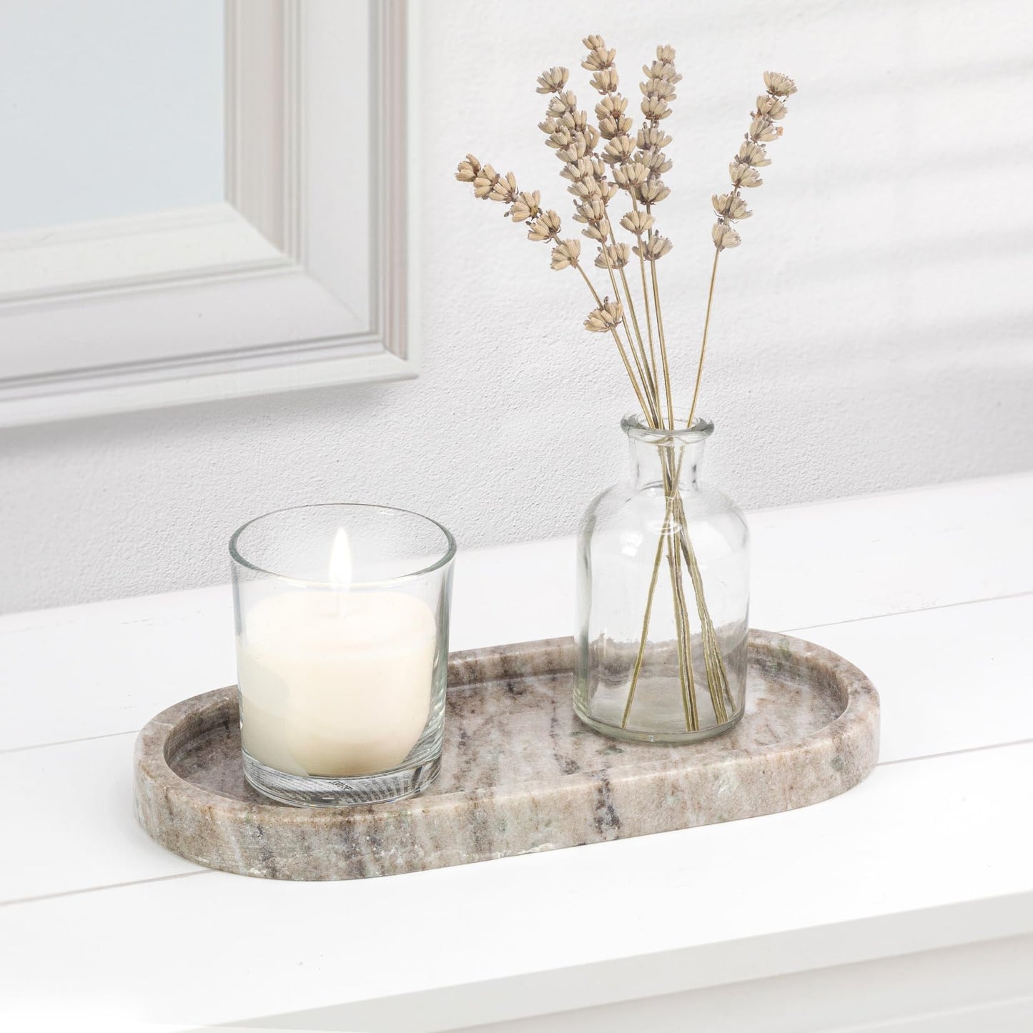 EHC Natural Marble Bathroom Vanity Tray - Oval, Decorative Countertop Sink Storage Organiser for Cosmetic, Perfume, Home Decor - 25 x 11.5 x 2 cm
