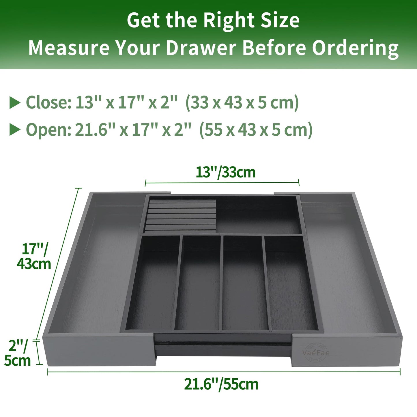 VaeFae Bamboo Silverware Drawer Organizer Kitchen, Expandable Utensil Holder and Cutlery Tray with Divider | 13"-21.6" Flatware Storage (Black)