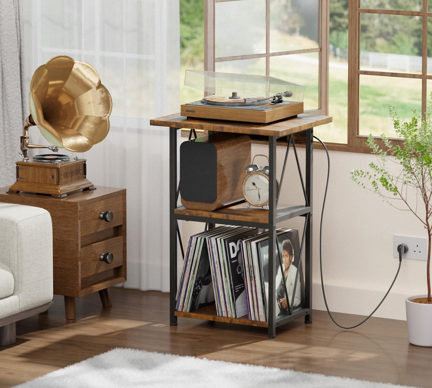 HFHOME 2025 Upgraded Extended Tabletop Record Player Stand with Charging Station, 3 Tier End Table with Vinyl Record Storage