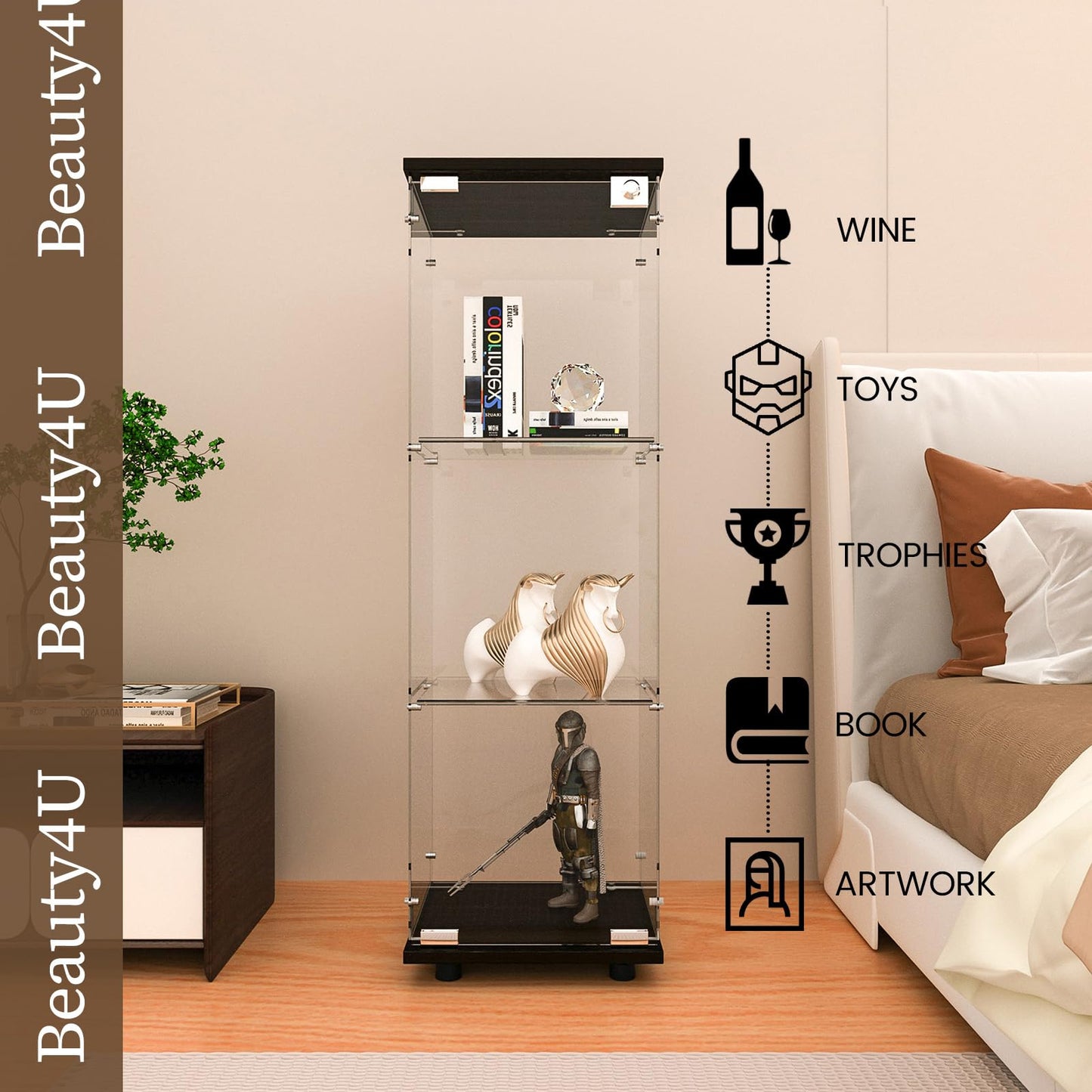 Beauty4U 3-Shelf Single Door Glass Display Cabinet, 125cm Tall, Black
