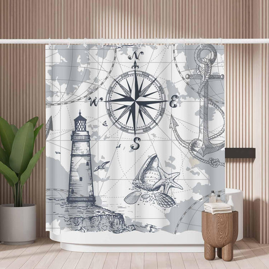 Woutay Shower Curtain Mould Proof Resistant Hand Drawn Sea Map,Water Repellant Fabric,Polyester,Size 180x180CM