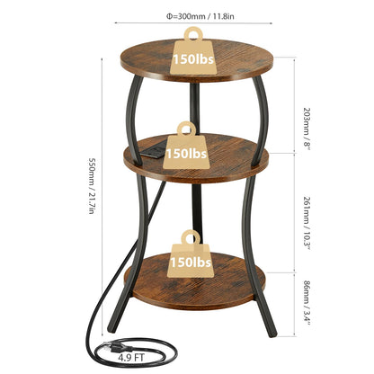 YEAKOO Small Side Table with Charging Station,3-Tier Round end Table