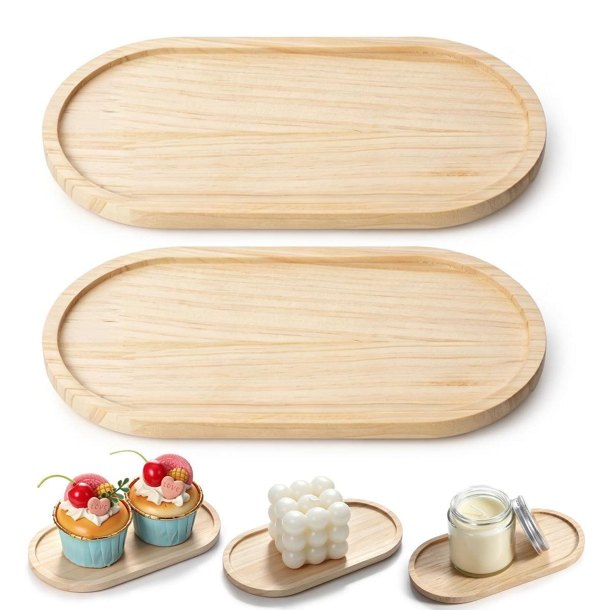 HJZHII 2Pcs Bamboo soap Dispenser Tray, Small Wooden Trays Bathroom Oval Countertop Tray Dispenser Trays Multi-Functional Countertop Organizer for