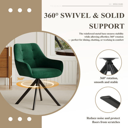 COLAMY 360° Swivel Dining Chairs Set of 2 with Sturdy Metal Base – Luxury Velvet Upholstered Kitchen Chairs with Thick Padded Seat