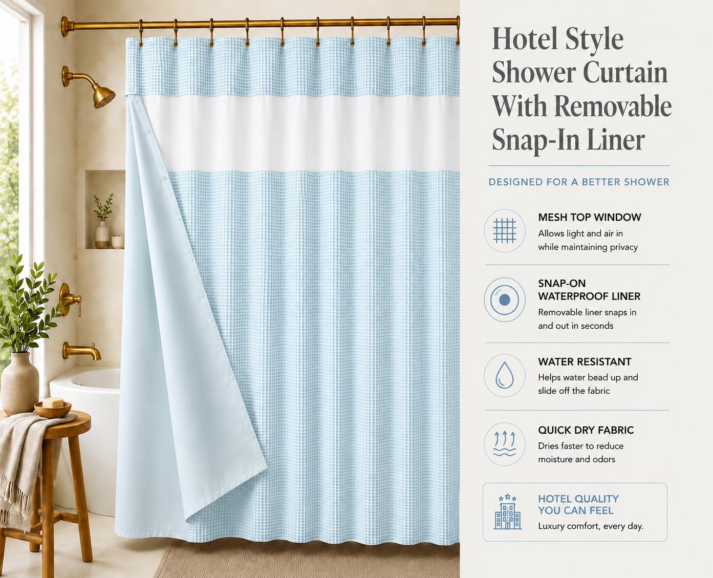 Dainty Home Waffle Weave Shower Curtain Set with Snap-in Liner in Sky Blue 70" x 72" – Modern Luxury Shower Curtain with Mesh Top Window