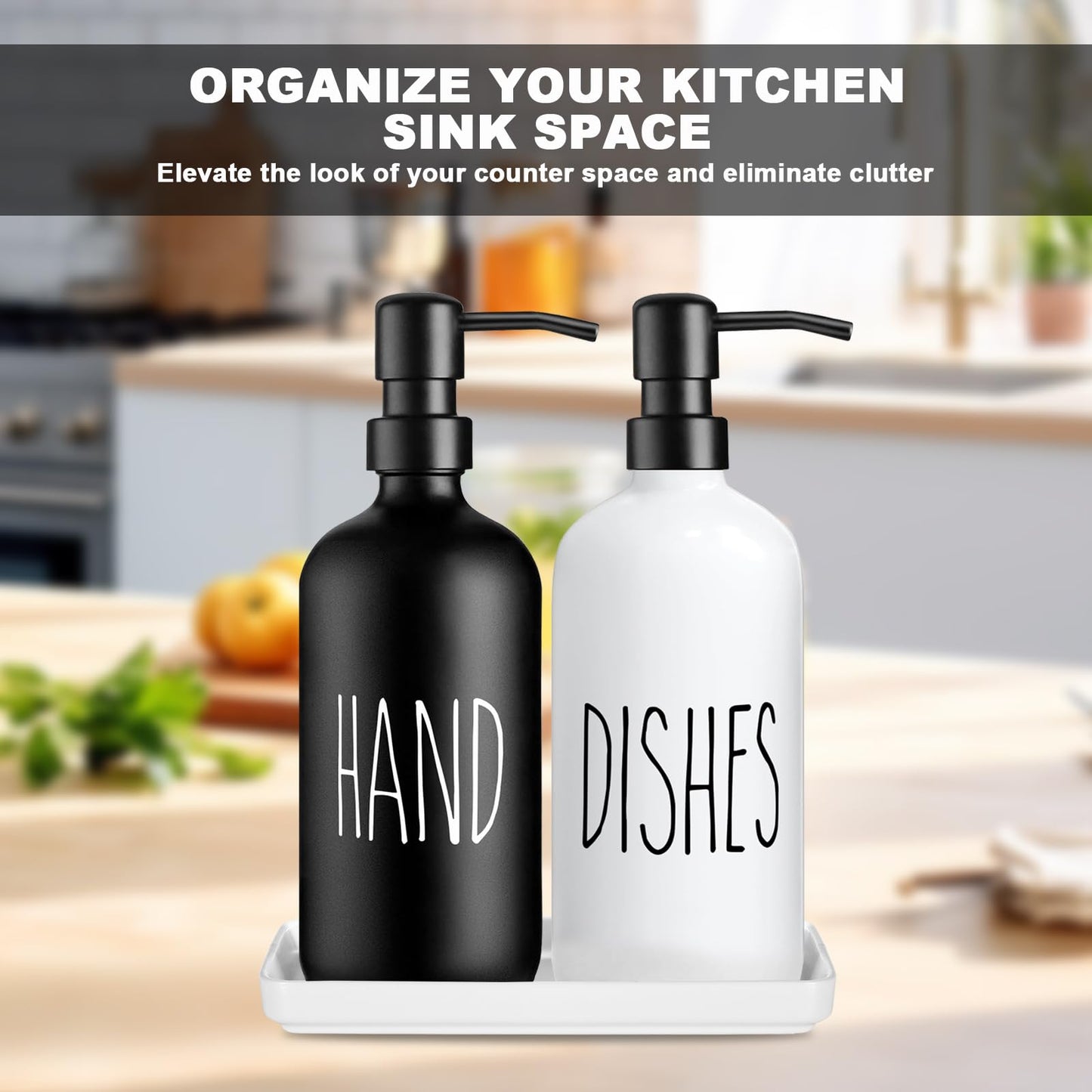 Glass Soap Dispenser Set: Modern Kitchen Sink Soap Dispenser Set of 2 with Ceramic Tray 500ML/17oz Bathroom Hand Wash Bottles,for Liquid Hand Soap