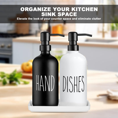 Glass Soap Dispenser Set: Modern Kitchen Sink Soap Dispenser Set of 2 with Ceramic Tray 500ML/17oz Bathroom Hand Wash Bottles,for Liquid Hand Soap