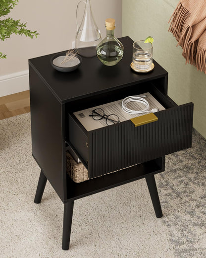 Apetaccat Bedside Table, Nightstand with Drawer and Storage Shelf, Black