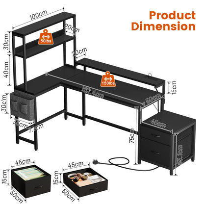 Mossora Carbon Fiber Black Reversible L Shaped Gaming Desk with Drawers
