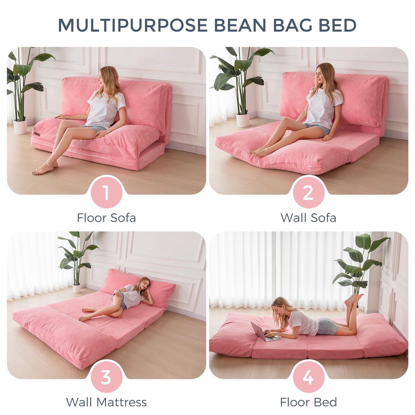MAXYOYO Folding Corduroy Sofa Bean Bag Bed Chair Foam Filling Extra Thick 4 Fold Floor Couch Matress for Adults