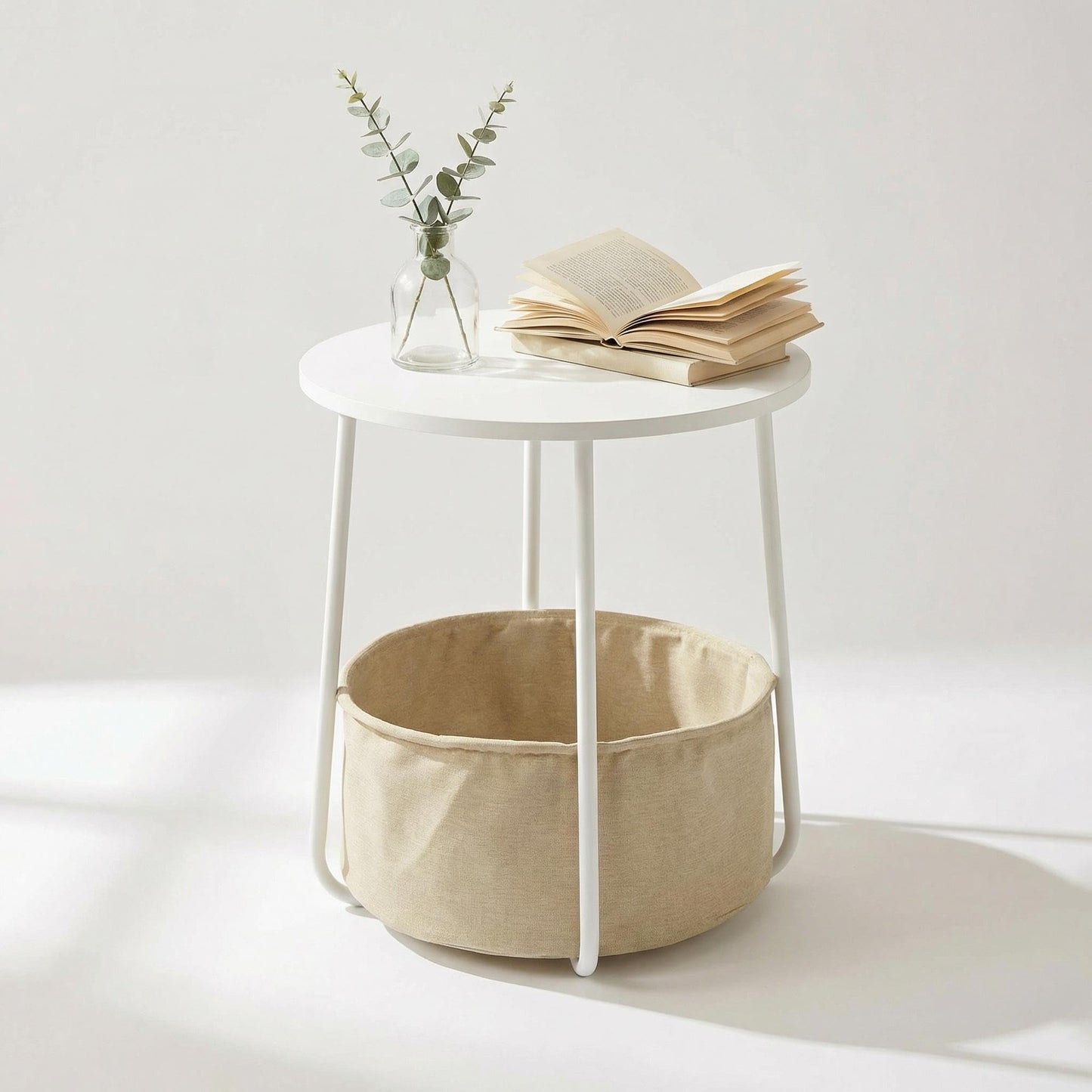FurnitureR End Table, Small Bedside Table with Fabric Storage Basket, Modern Nightstand, 45 cm White Top, for Living Room, Bedroom