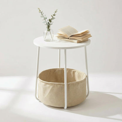 FurnitureR End Table, Small Bedside Table with Fabric Storage Basket, Modern Nightstand, 45 cm White Top, for Living Room, Bedroom