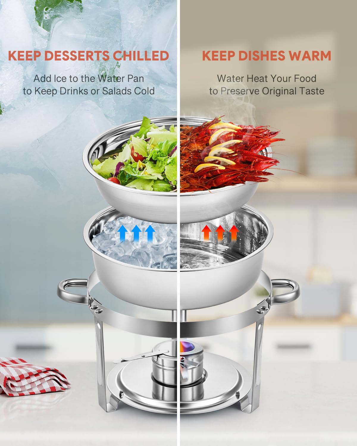 Wilprep Chafing Dish Buffet Set, 2 Pack 5L Stainless Steel Round Chafing Dishs Set,Food Warmer Kit with Lids and Food Pans for Restaurant Catering
