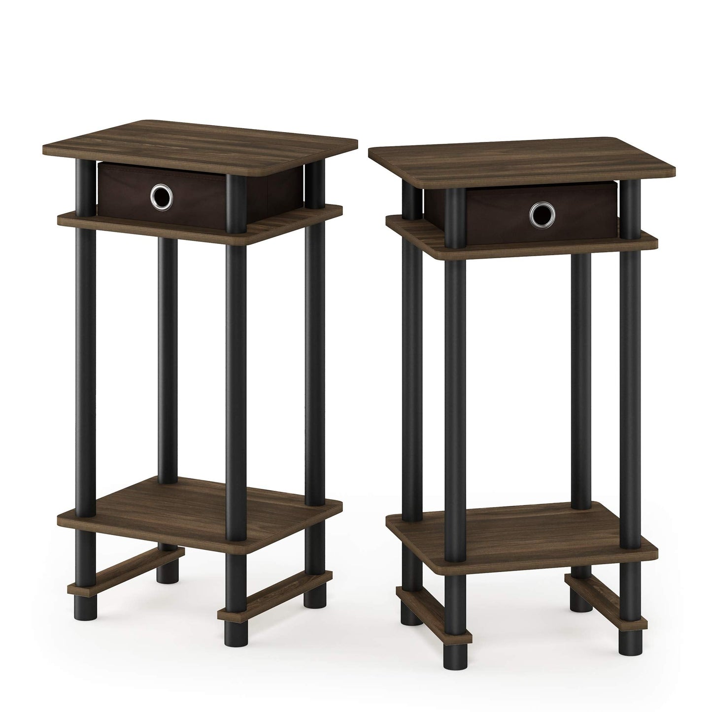 Furinno TURN-N-TUBE Side Table Set of 2, 3-Tier End Table with Storage Bin, Open Shelf Night Stand, Bedside Table, for Living Room, Bedroom