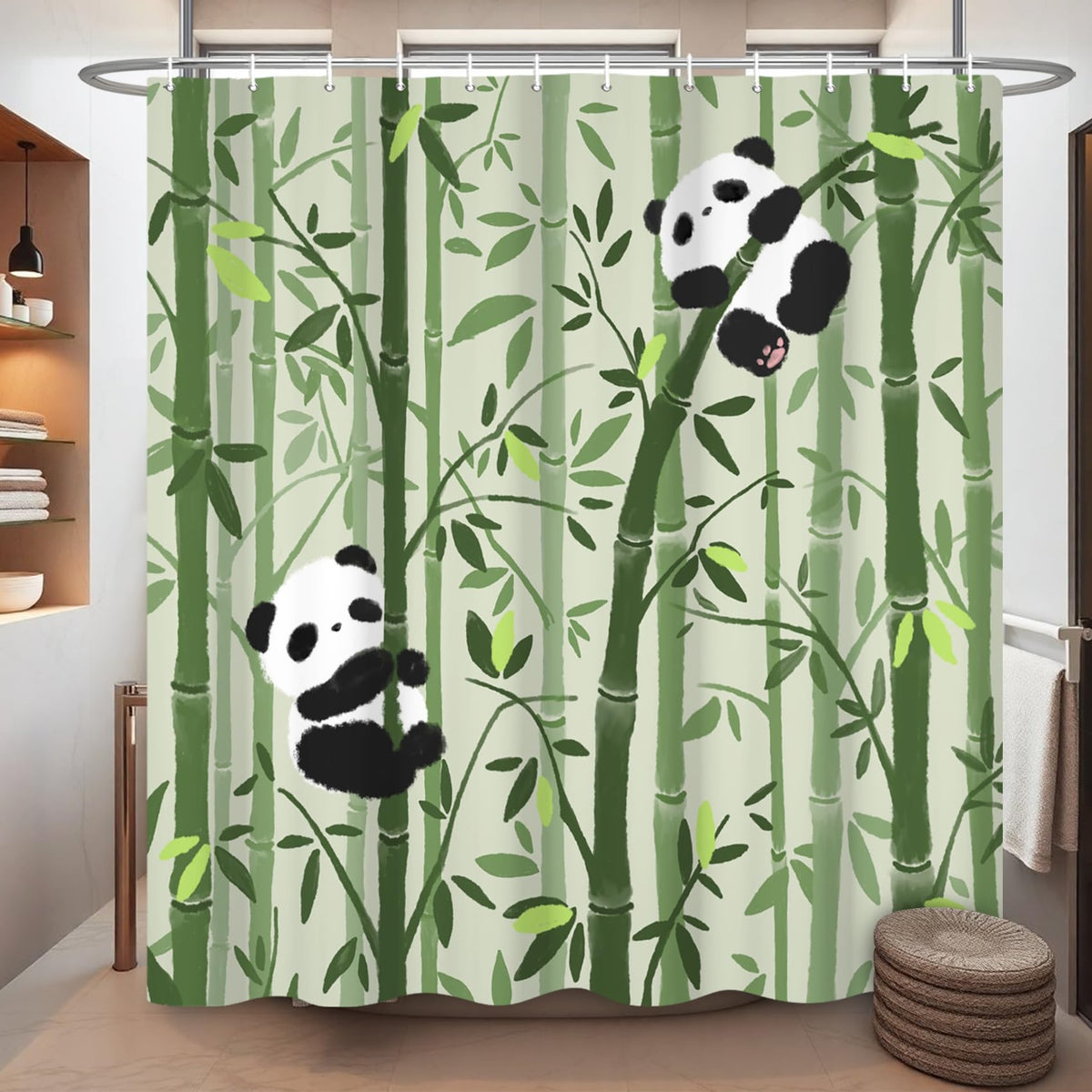 Ttincceer 180x180cm Cute Panda Shower Curtain Bamboo Forests Cartoon Panda Pattern Bathroom Curtain Mildew Resistant Black White Animal Shower