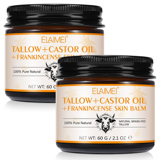 2Pack Tallow, Castor Oil and Frankincense Oil Skin Balm, 100% Grass-Fed Tallow for Face & Body Moisturizer, Deep Moisturizing Cream, Moisturizer for