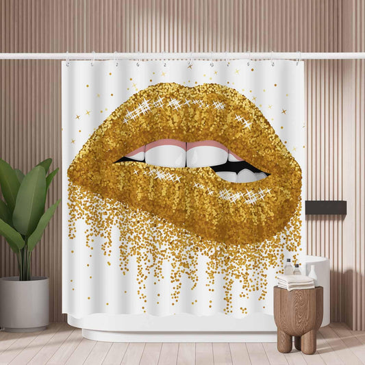 Woutay Shower Curtain Mould Proof Resistant Golden Lips,Water Repellant Fabric,Polyester,with 12 Plastic Hooks