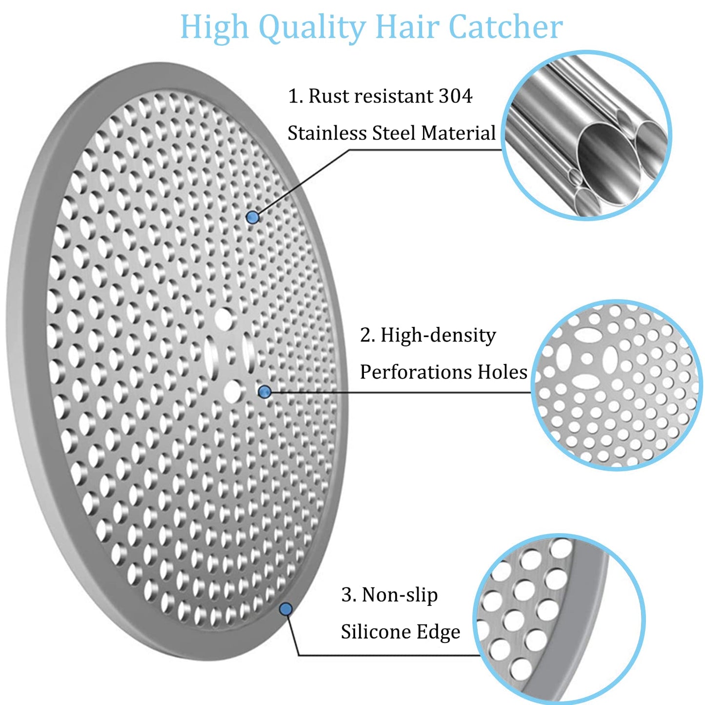 2Pack Shower Drain Hair Catcher Stainless Steel & Silicone Bath Shower Drain Protector Mesh Sink Strainer Drain Filter Shower Plughole Cover for