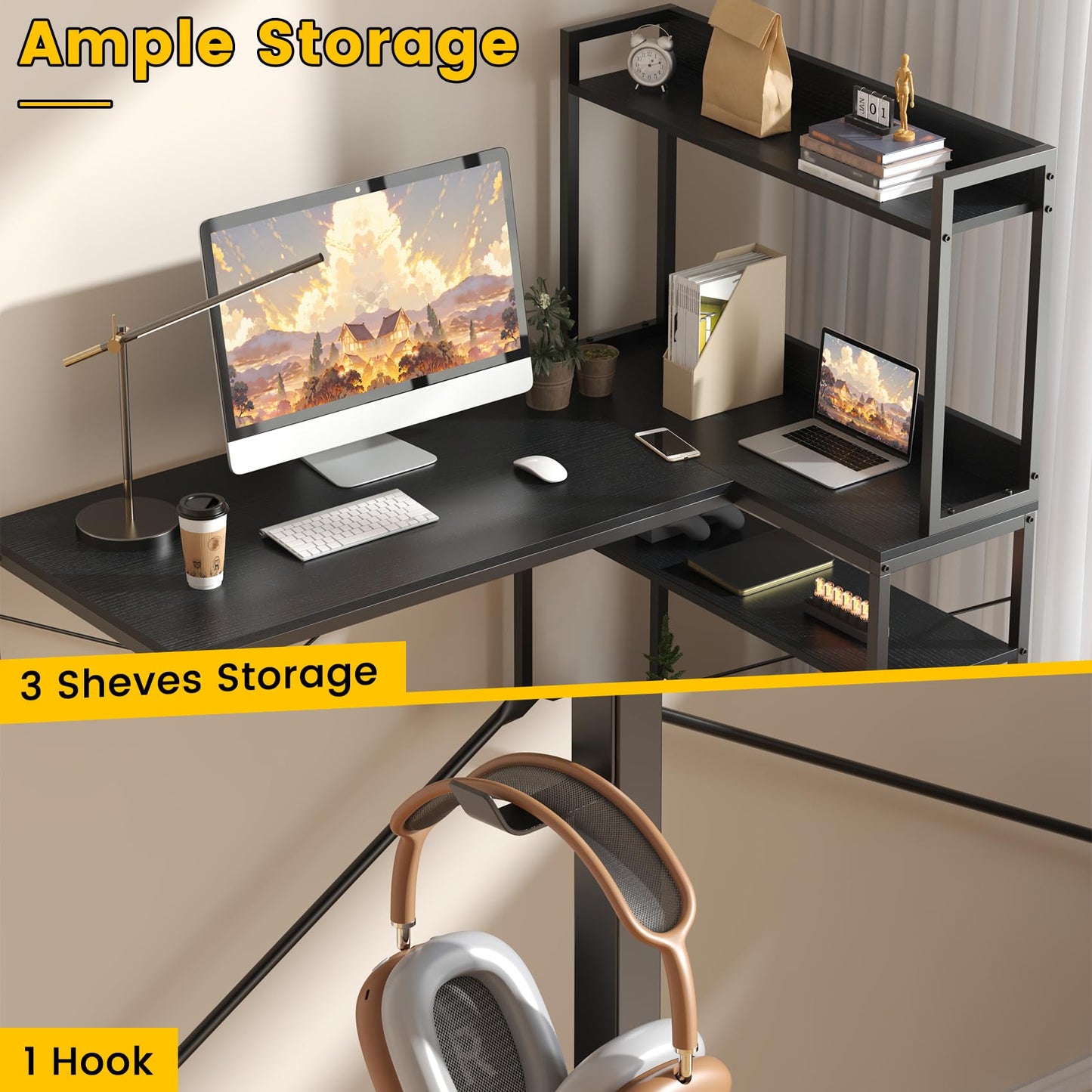 Feonase 47" L-Shaped Computer Desk Gaming Desk with Durable Metal Frame, Corner Desk with 4 Sheves and Hook